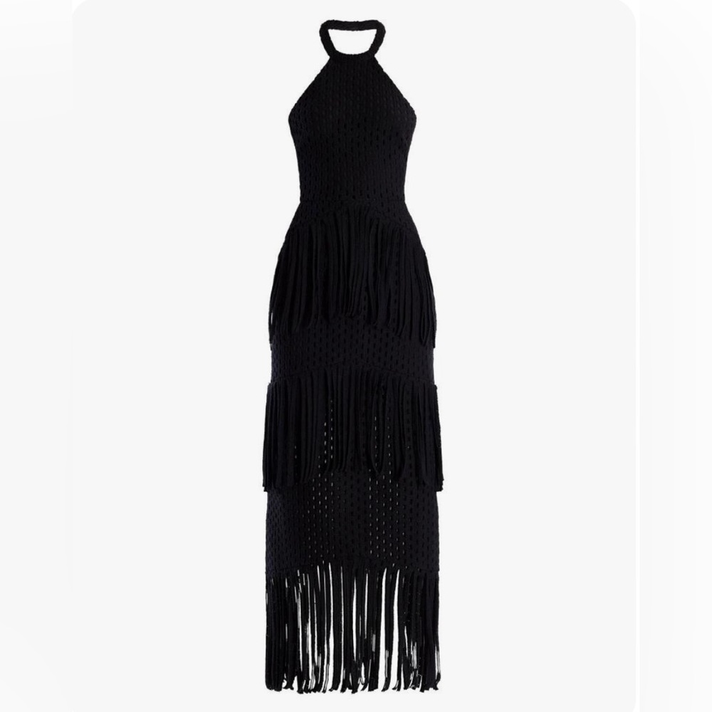 BCBGMaxAzria Black Crochet Fringe Halter Midi Dress - Picture 3 of 6